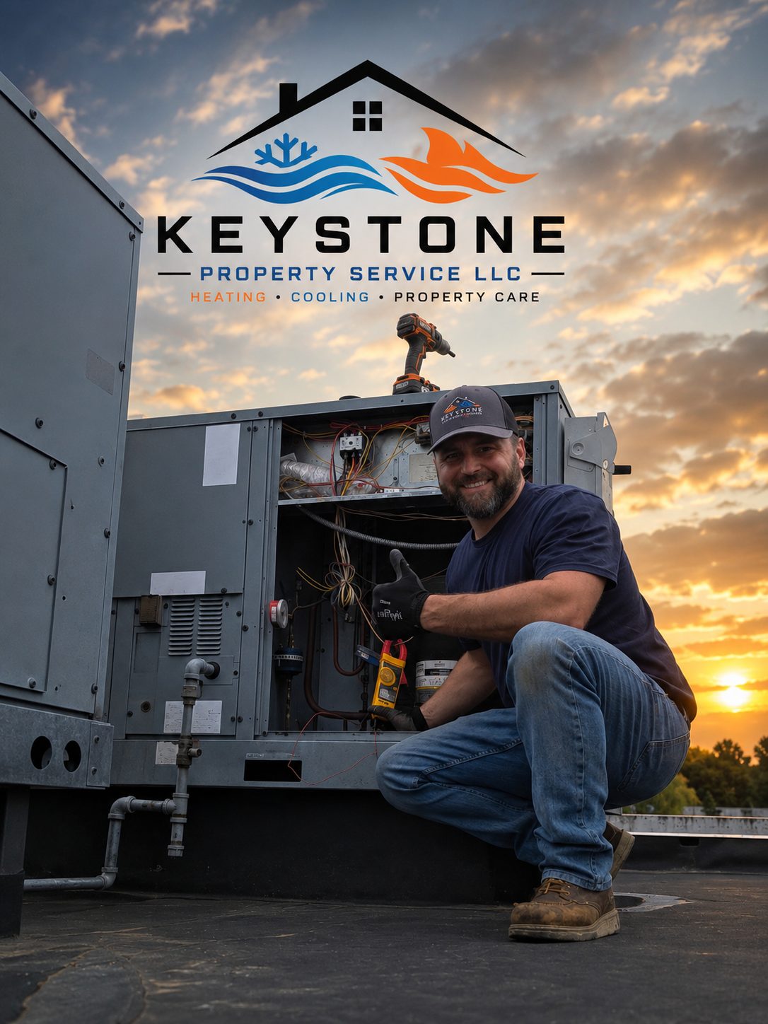 Keystone Property Service technician servicing a rooftop HVAC unit at sunset